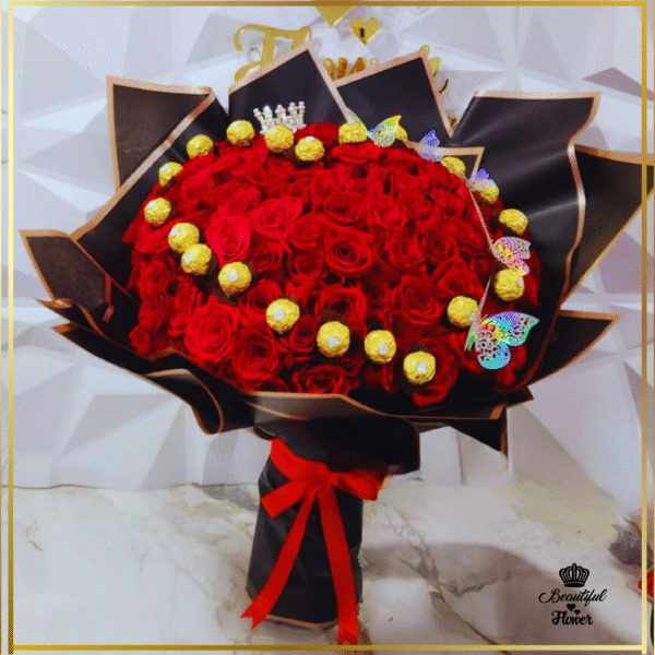 Ramo redondo con rosas rojas y chocolates LUXURY 400